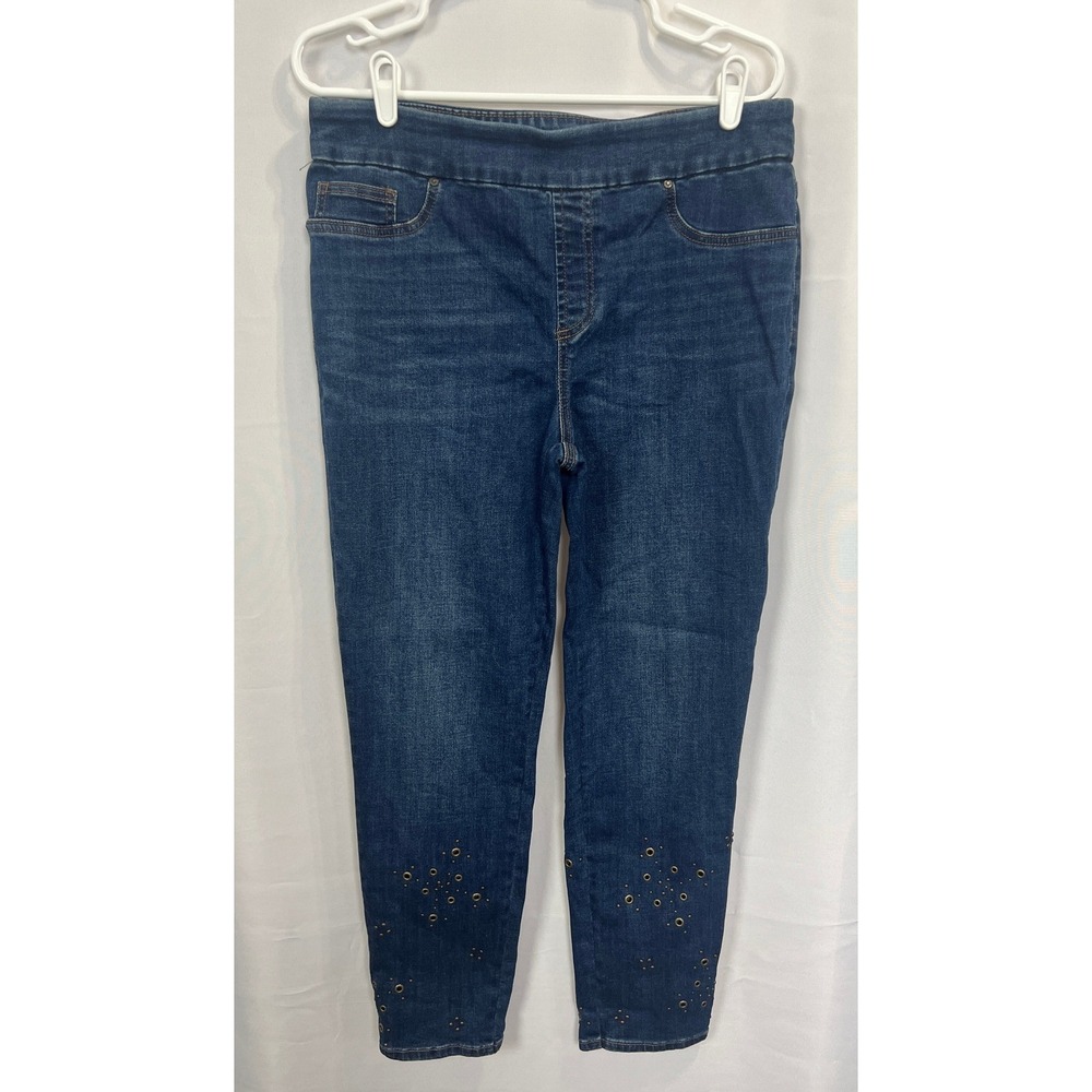 Chicos Jegging Ankle Jeans Size 1.5R US 10 Dark Wash Studded Grommet Hem Indigo